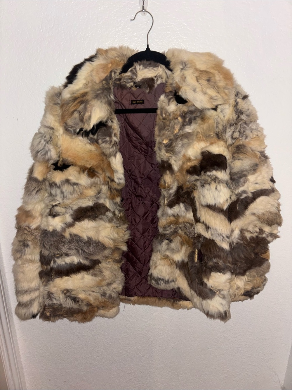 Vintage Rabbit Fur Coat- Multicolor Patchwork- Tan, Cream, Brown, Red & Taupe